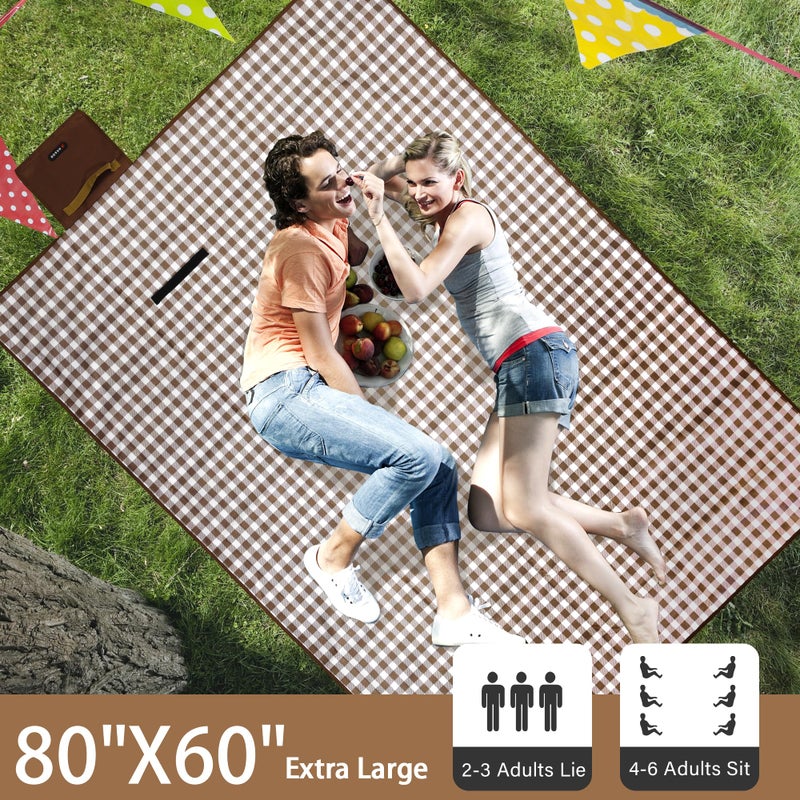 HX&OD Picnic Blanket Outdoor Extra Large Picnic Mat 80""X60"" Camping Blanket Beach Blanket Foldable Waterproof Sand Mat Hiking Travel Family Concerts(Brown) - Image 2